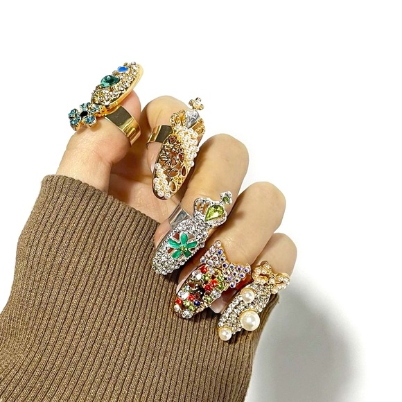 Adjust Bow Pink Pastel Diamond Bow Crown Manicure Joint Open Nail Ring - Picture 2 of 2